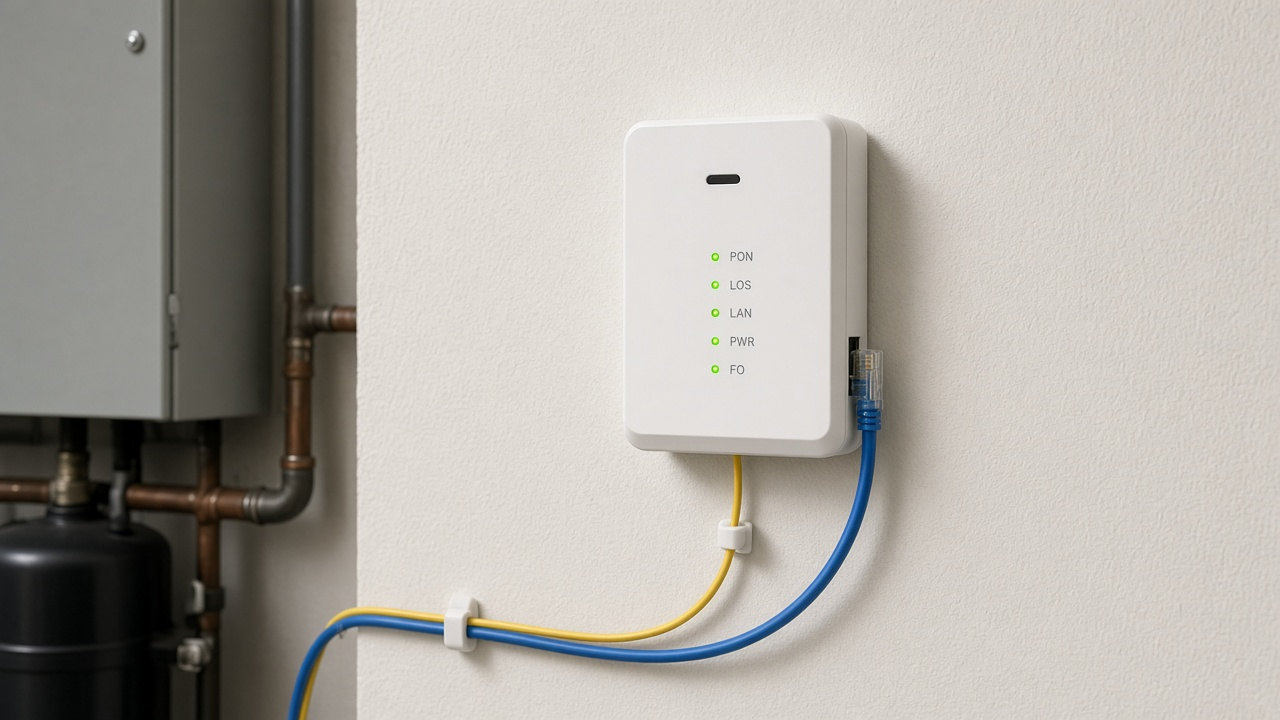Wall-mounted optical network terminal with fiber and Ethernet cables in a utility area